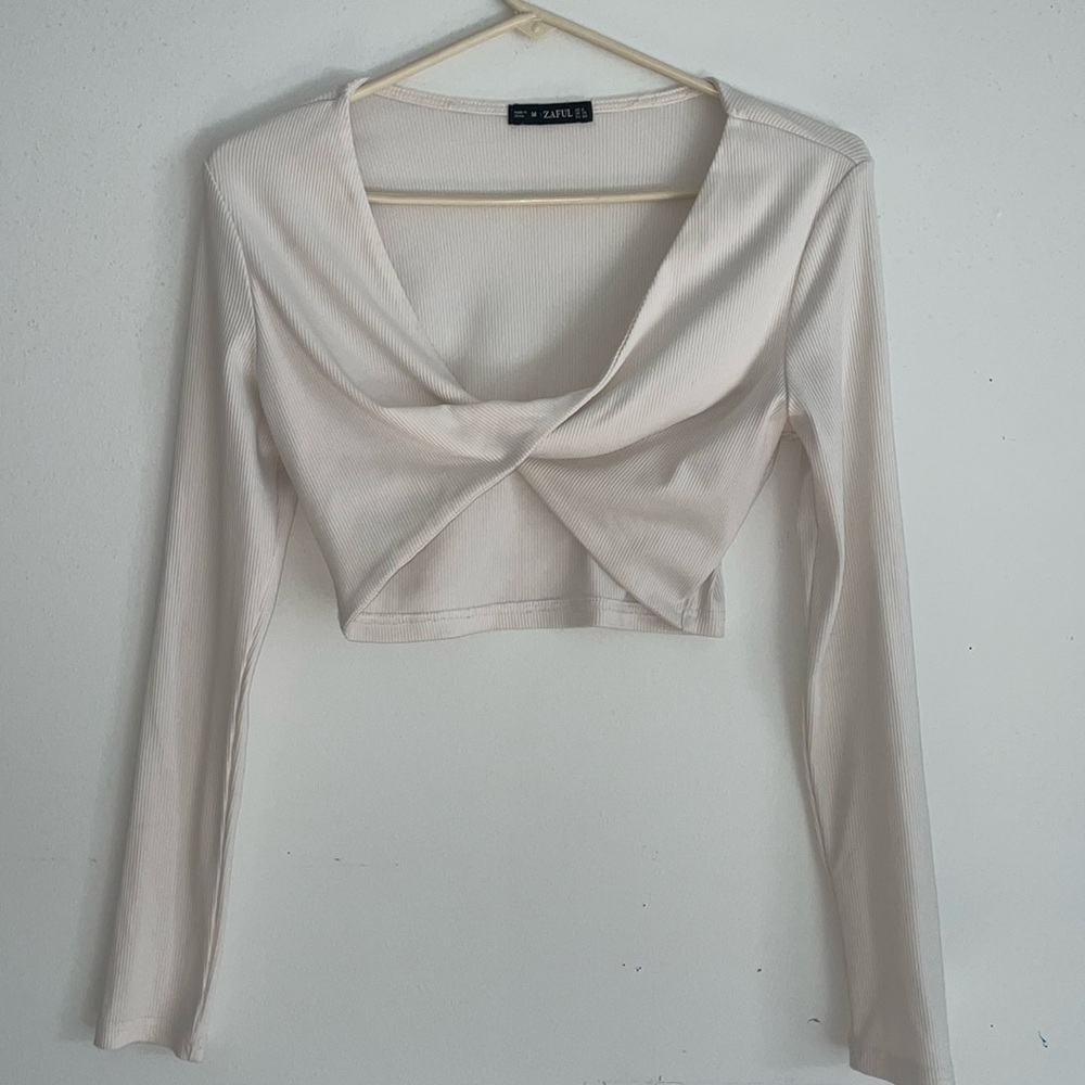 Zaful Cross Crop Top Long Sleeve White